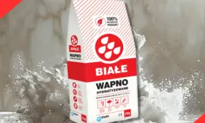 Białe wapno hydratyzowane w opakowaniu, otoczone chmurą białego pyłu. Idealne do prac budowlanych.