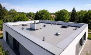 Nowoczesny dom z płaskim dachem, otoczony zielenią. Na dachu widoczne są elementy wentylacyjne i klimatyzacyjne.