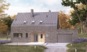 Nowoczesny dom typu stodoła z kamienną elewacją i metalowym dachem, otoczony jesienną przyrodą.