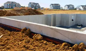 Betonowy fundament domu w budowie, otoczony ziemią. Zastanawiasz się, ile kosztuje fundament pod dom? To kluczowy etap budowy.