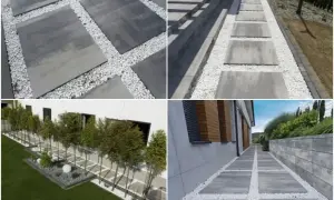 Nowoczesne ścieżki z płyt betonowych i białego żwiru tworzą najtańszą opaskę wokół domu, nadając mu elegancki wygląd.