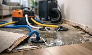 Profesjonalne osuszanie podposadzkowe z użyciem specjalistycznego sprzętu i węży, które usuwają wilgoć z podłogi.