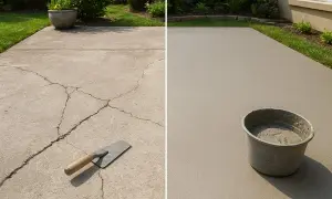 Podziałka: pęknięty beton z kielnią i gładka powierzchnia z wiadrem zaprawy.