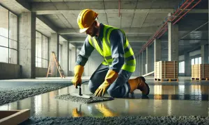 Budowlaniec w kasku i kamizelce pracuje z wylewką samopoziomującą, dbając o odpowiednią grubość warstwy.