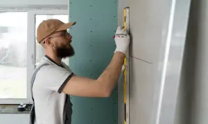 Budowlaniec sprawdza pionową linię na płycie karton gips, która będzie malowana.