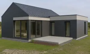 Nowoczesny dom z dużymi przeszkleniami i tarasem. Idealny do stworzenia szczegółowego kosztorysu budowy.