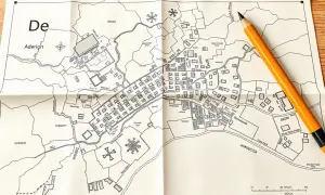 Mapa zasadnicza działki z zaznaczonymi budynkami, drogami i rzeką. Obok leży żółty ołówek.