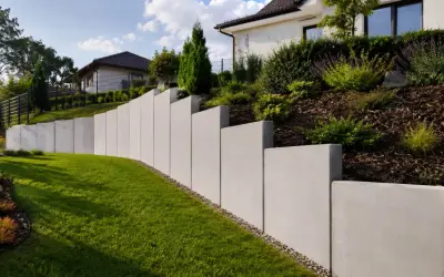 Nowoczesny, betonowy mur oporowy pięknie komponuje się z zielonym trawnikiem i zadbanym ogrodem.
