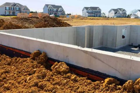 Betonowy fundament domu w budowie, otoczony ziemią. Zastanawiasz się, ile kosztuje fundament pod dom? To kluczowy etap budowy.