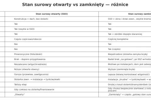 Tabela porównuje stan surowy otwarty (SSO) i zamknięty (SSZ). SSZ obejmuje okna, drzwi i bramę garażową, co oznacza gotowy stan surowy.