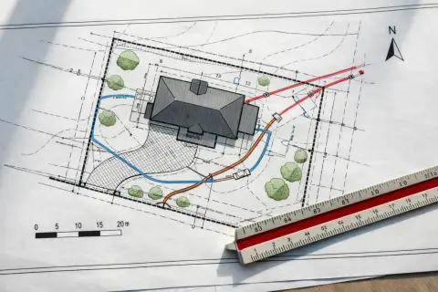 Plan zagospodarowania terenu (mpzp) z zaznaczonym domem, drogami, drzewami i instalacjami. Linijka geodezyjna obok.