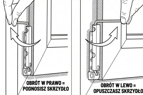 Regulacja okien na zimę: obrót kluczem w prawo podnosi skrzydło, w lewo opuszcza.
