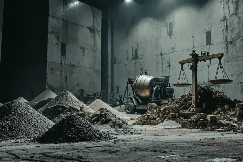 Wielka hala z pryzmami kruszywa, betoniarką i wagą szalkową. Zastanawiasz się, ile kosztuje kubik betonu?