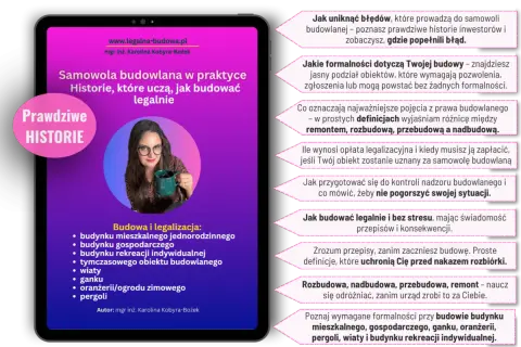 Kobieta z kubkiem omawia **legalizację samowoli budowlanej**, prezentując historie i porady dotyczące budowy.