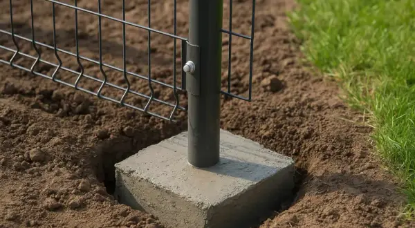 Solidny beton na fundament ogrodzenia zapewnia stabilność słupka. Widać też siatkę ogrodzeniową i trawę.