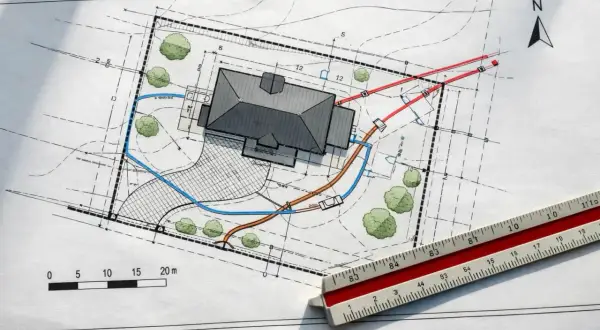 Plan zagospodarowania terenu (mpzp) z zaznaczonym domem, drogami, drzewami i instalacjami. Linijka geodezyjna obok.