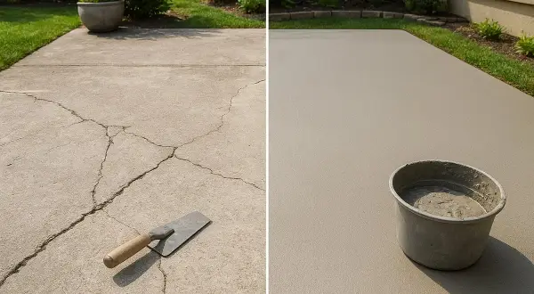 Podziałka: pęknięty beton z kielnią i gładka powierzchnia z wiadrem zaprawy.
