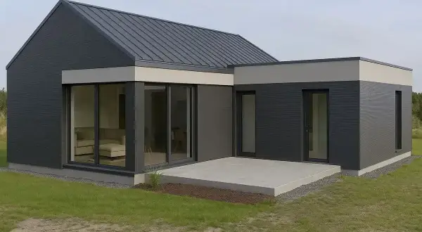 Nowoczesny dom z dużymi przeszkleniami i tarasem. Idealny do stworzenia szczegółowego kosztorysu budowy.