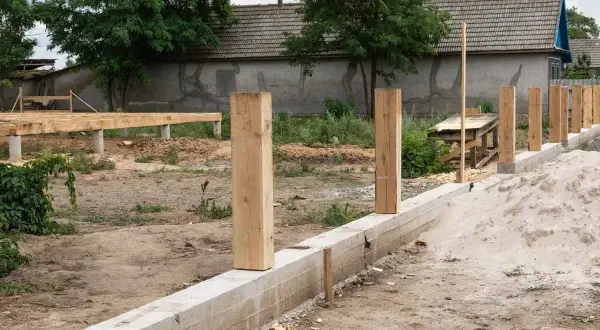 Budowa ogrodzenia: betonowy fundament i drewniane słupki czekają na dalsze prace. Jaki fundament pod ogrodzenie jest najlepszy?