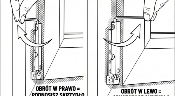 Regulacja okien na zimę: obrót kluczem w prawo podnosi skrzydło, w lewo opuszcza.