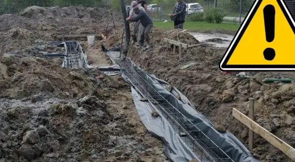 Budowa fundamentów: betonowanie zbrojenia w wykopie, obok żółty znak ostrzegawczy.