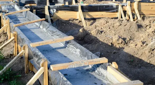 Szalunek betonowy z folią i drewnianymi wspornikami na budowie fundamentów.
