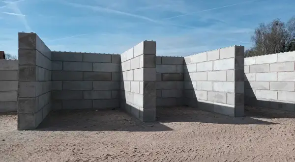 Budowa muru oporowego z bloczków betonowych. Zbrojenie widoczne na górze ścian.