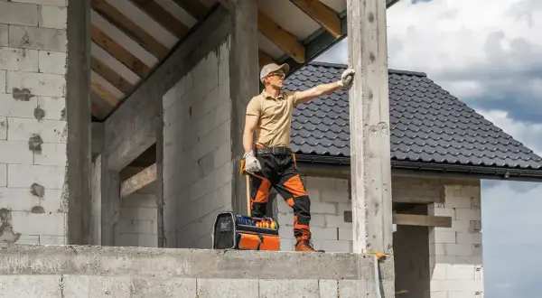 Budowlaniec na placu budowy domu 35m2, zastanawia się jaki fundament pod dom wybrać.