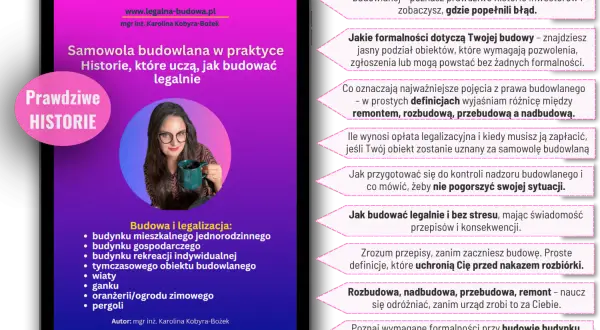 Kobieta z kubkiem omawia **legalizację samowoli budowlanej**, prezentując historie i porady dotyczące budowy.
