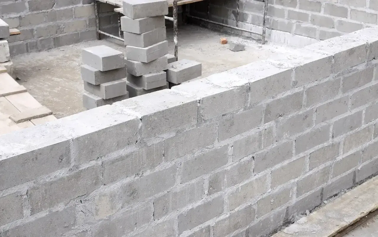 Budowa fundamentów z bloczków betonowych. Stos świeżo ułożonych bloczków betonowych fundamentowych obok wznoszonej ściany.