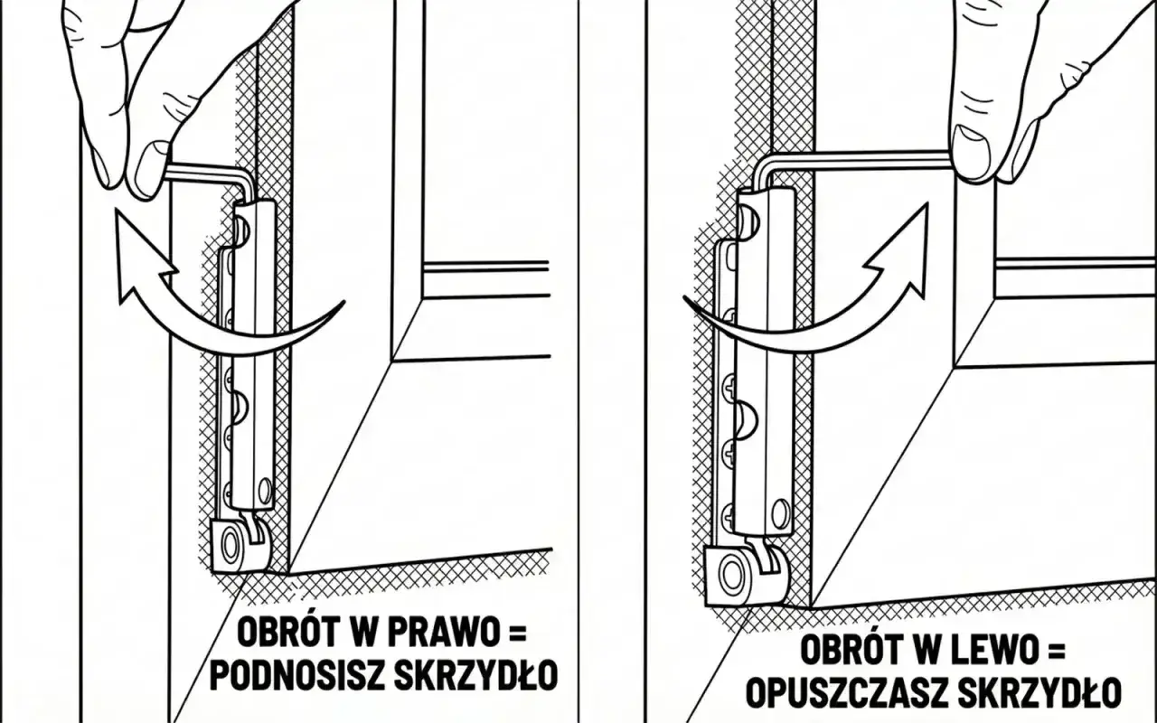 Regulacja okien na zimę: obrót kluczem w prawo podnosi skrzydło, w lewo opuszcza.