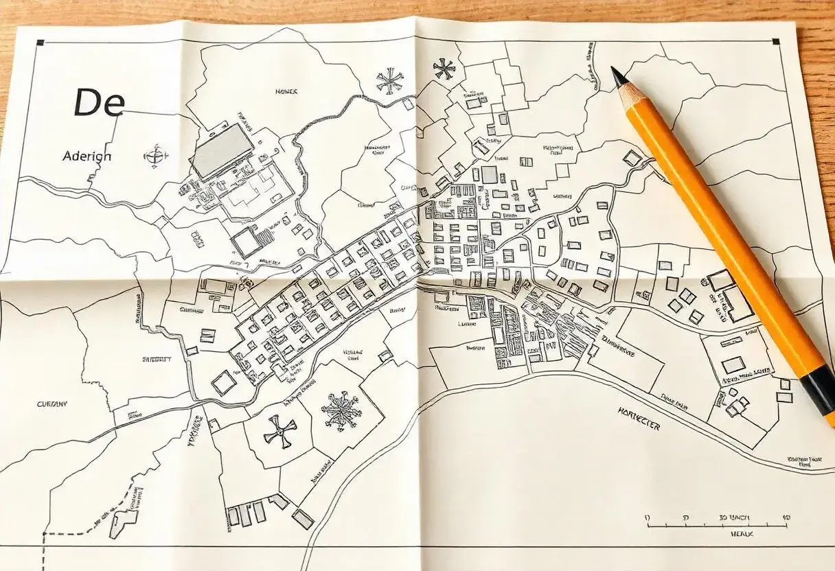 Mapa zasadnicza działki z zaznaczonymi budynkami, drogami i rzeką. Obok leży żółty ołówek.