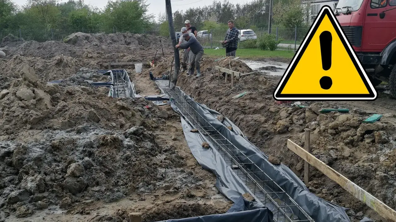 Budowa trwa! Wylewanie betonu na zbrojenie, tworząc solidne ławy fundamentowe pod przyszły budynek.
