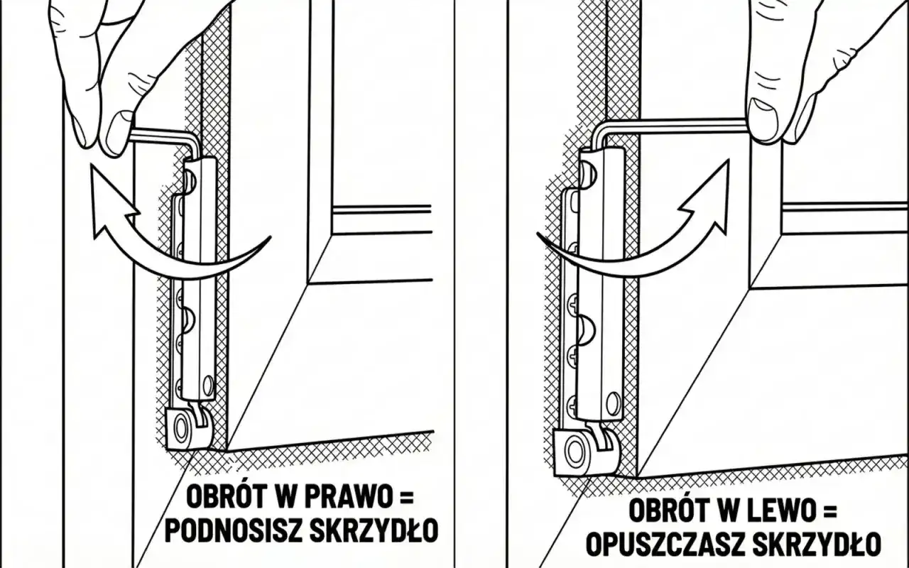 Regulacja okien na zimę: obrót kluczem w prawo podnosi skrzydło, w lewo opuszcza.