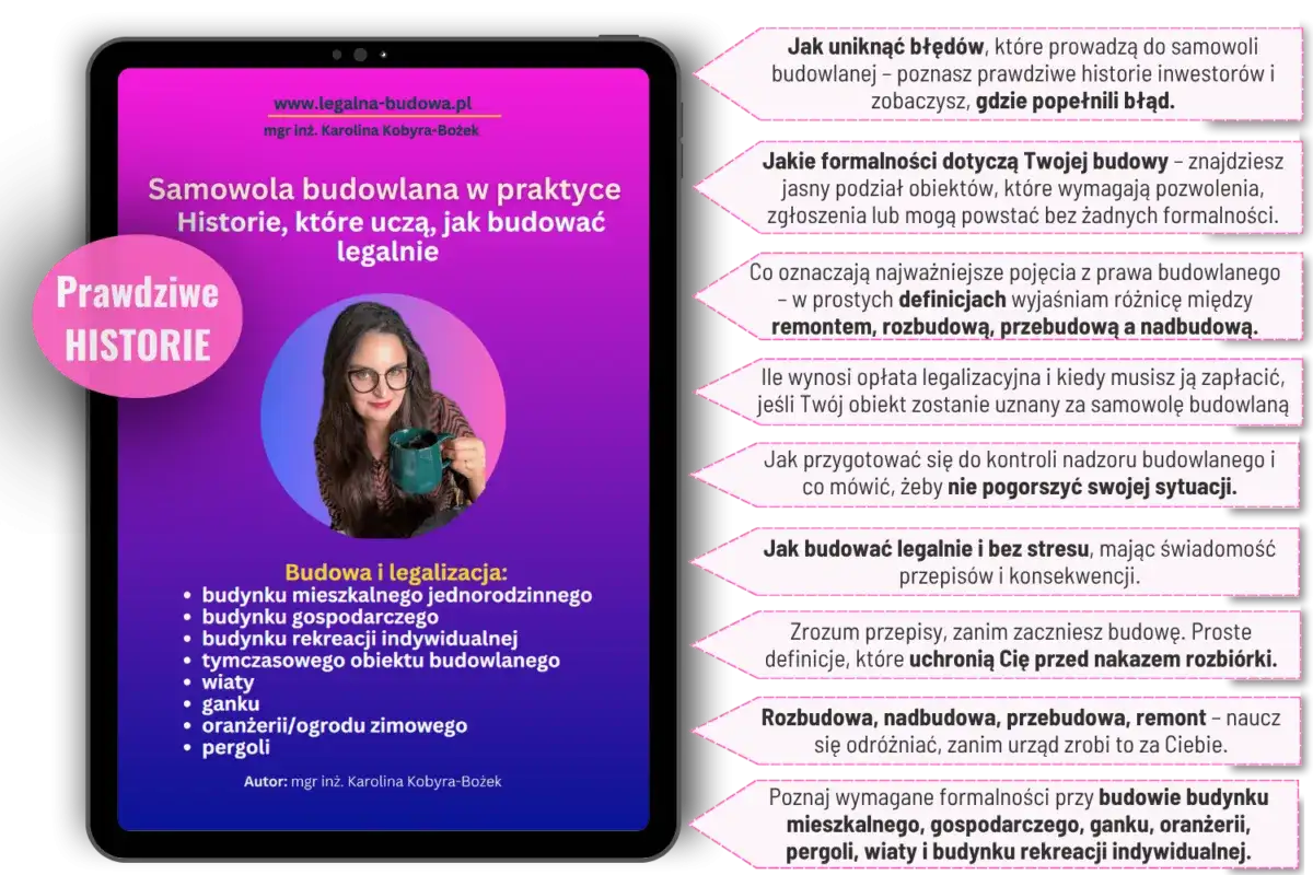 Kobieta z kubkiem omawia **legalizację samowoli budowlanej**, prezentując historie i porady dotyczące budowy.