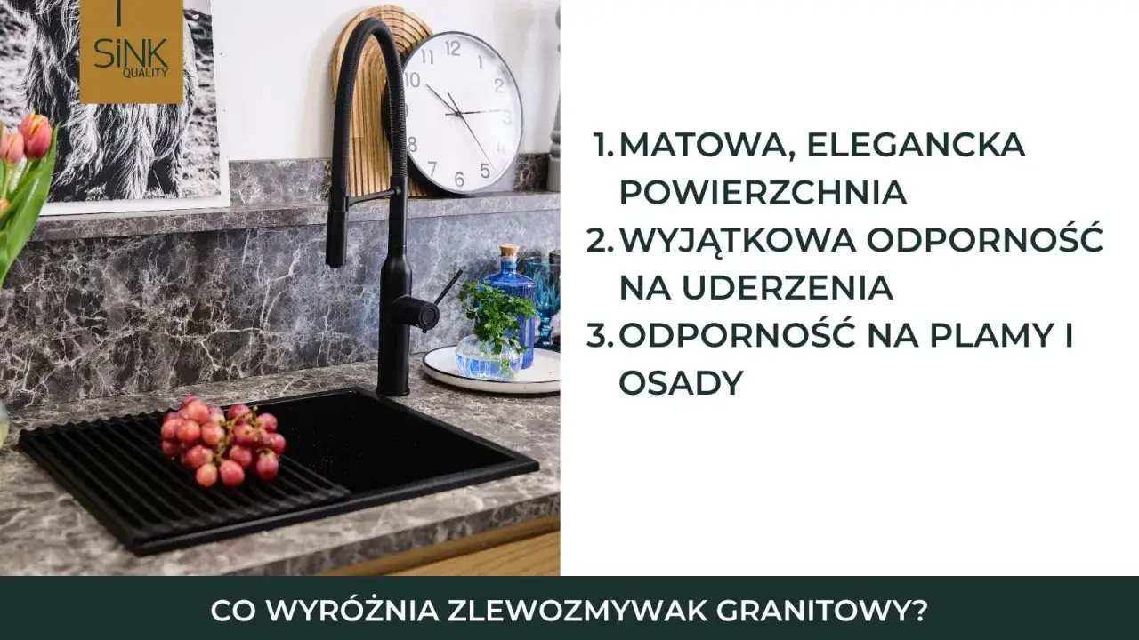 Elegancki zlewozmywak granitowy z matową powierzchnią, odporny na uderzenia i plamy. Idealny wybór zamiast zlewozmywaka konglomeratowego.