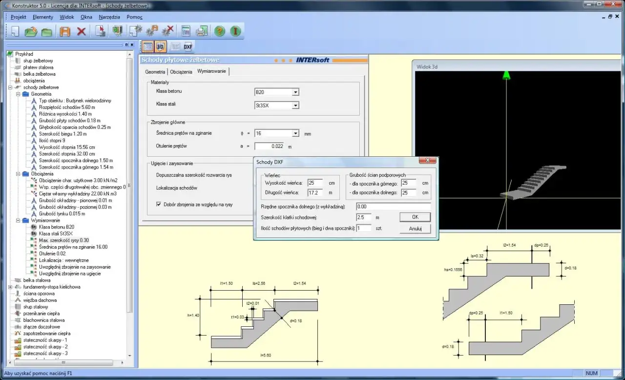 Program do projektowania schodów żelbetowych. Widok okna z danymi do zbrojenia schodów, rysunki techniczne i model 3D.