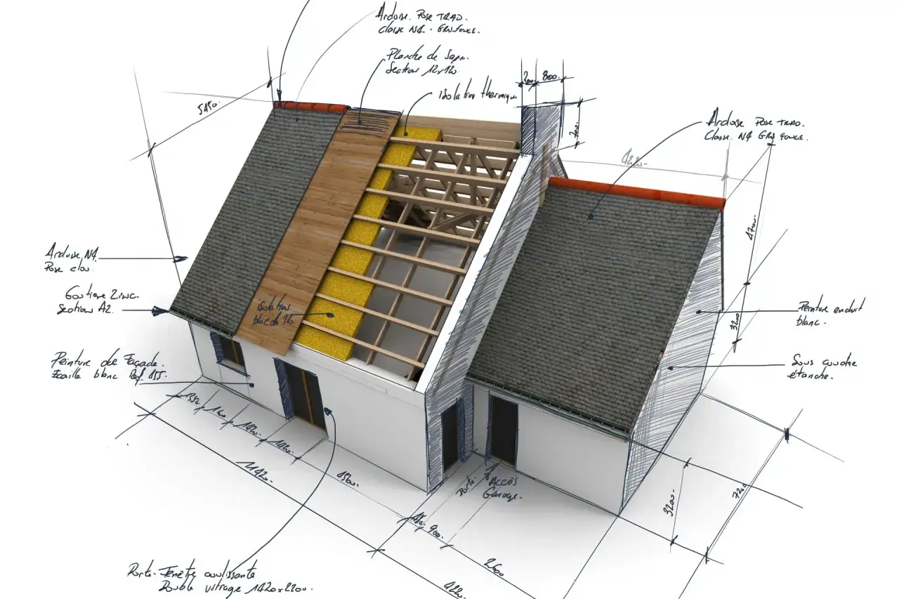 Projekt domu z widokiem na konstrukcję dachu i izolację. Warto sprawdzić aktualną dachówka ceramiczna cena za m2.