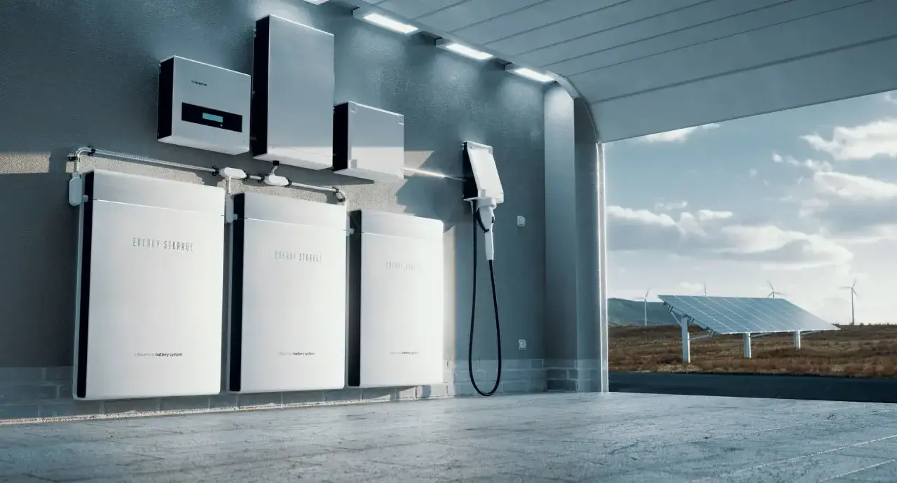 Nowoczesny system magazynowania energii, który zapewnia mój prąd 6.0. Widoczne baterie, falownik i ładowarka EV. W tle panele słoneczne i wiatraki.