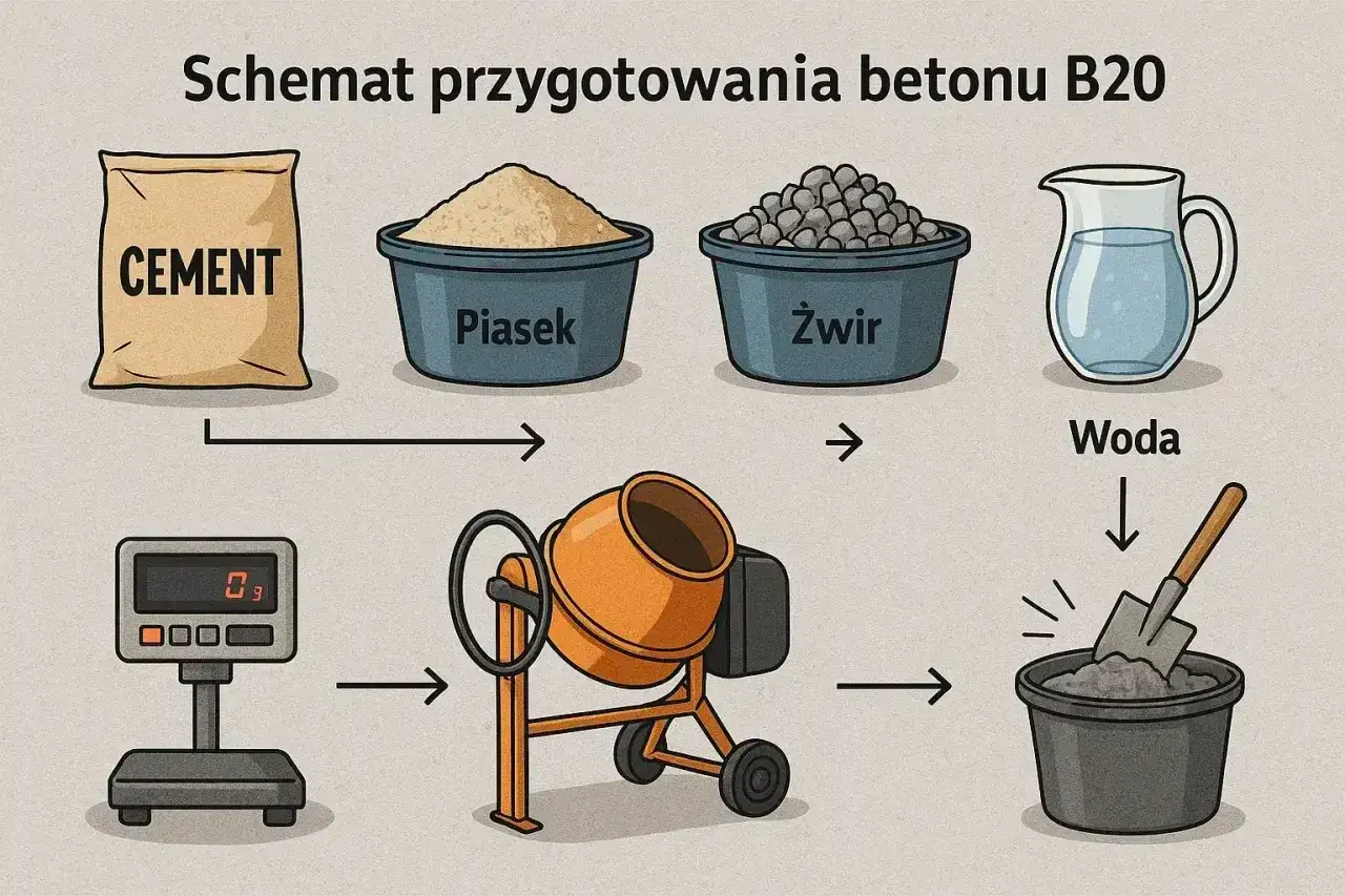 Schemat przygotowania betonu B20: cement, piasek, żwir, woda. Waga do odmierzania suchych składników. Mieszalnik do betonu.