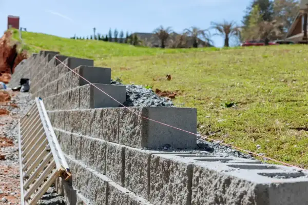 Budowa muru oporowego z betonowych bloków, z drabiną i sznurkiem do poziomowania. Kara za mur oporowy? Nie, to inwestycja w stabilność skarpy.