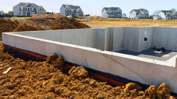 Betonowy fundament domu w budowie, otoczony ziemią. Zastanawiasz się, ile kosztuje fundament pod dom? To kluczowy etap budowy.