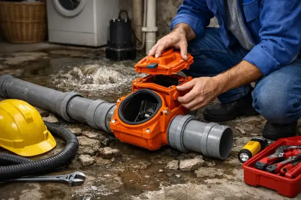 Instalator montuje zasuwa burzowa na rurze w zalanej piwnicy. Obok leży żółty kask i narzędzia.