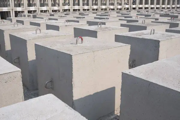 Betonowe bloki z uchwytami, gotowe do transportu. Zastanawiasz się, ile waży kubik betonu?