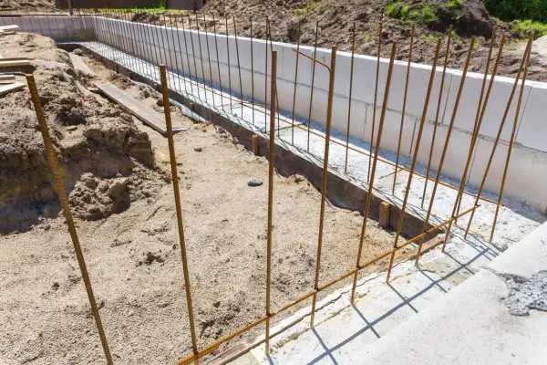 Budowa fundamentów: pionowe i poziome zbrojenie czeka na beton.