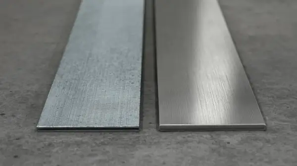 Dwa metalowe paski leżą obok siebie na betonowym podłożu. Jeden jest szorstki, drugi gładki, jakby przygotowany do montażu kotwy.
