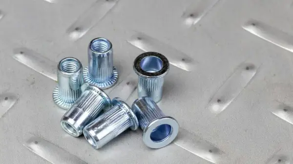 Kilka metalowych nitonakrętek leży na chropowatej, metalowej powierzchni.