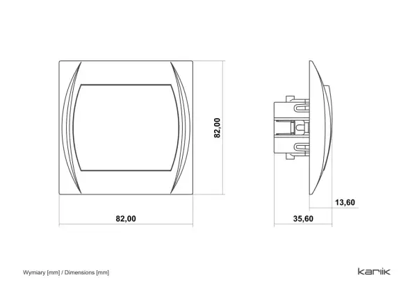 Rysunek techniczny łącznika dwubiegunowego z wymiarami 82x82 mm i głębokością 35,6 mm.