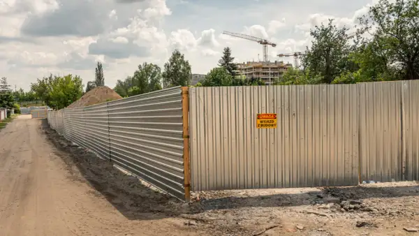 Metalowe ogrodzenie budowy, spełniające wymagania bezpieczeństwa, z tabliczką "Uwaga, wyjazd z budowy". W tle budynki i dźwigi.