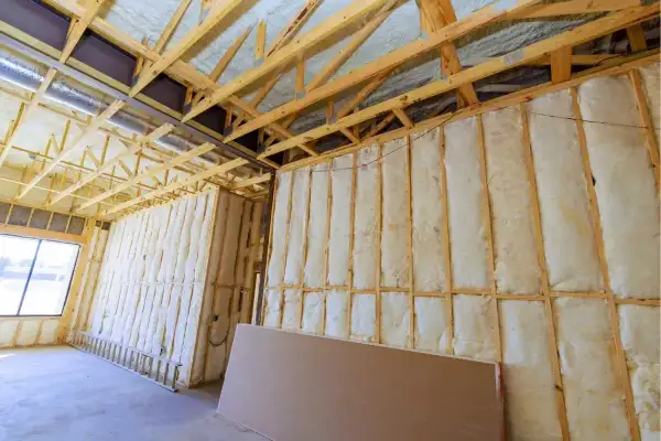 Budowa domu w toku. Widać drewnianą konstrukcję ścian i dachu, wełnę mineralną oraz przygotowania do montażu paroizolacji.